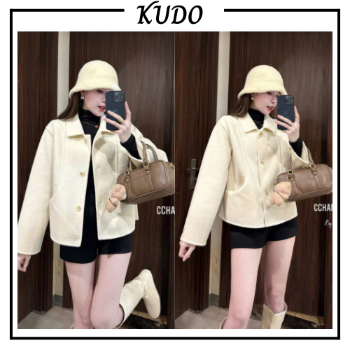 Áo khoác dạ nữ dáng ngắn túi chéo màu kem Áo kiểu cổ bẻ dài tay thu đông 2026 style Hàn Quốc Kudosho
