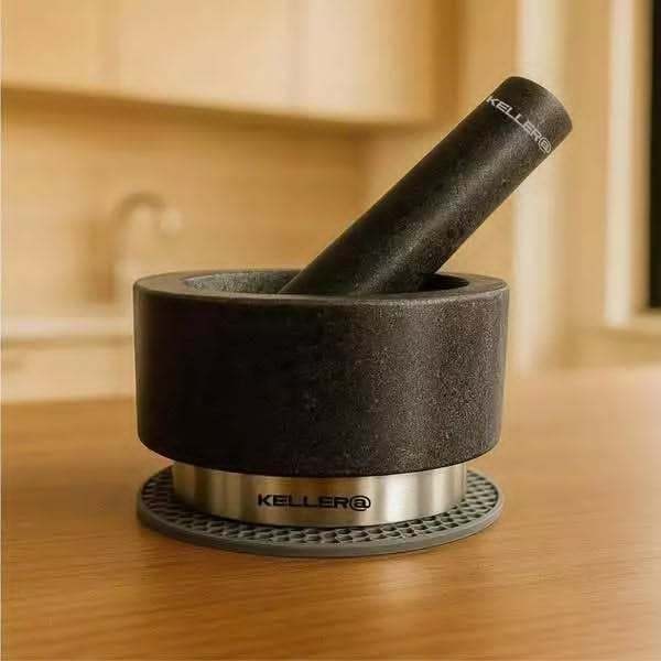 Bộ chày, cối, lót cối, bọc chày. Chất liệu chày + cối là đá hoa cương+inox304, Hiệu Keller