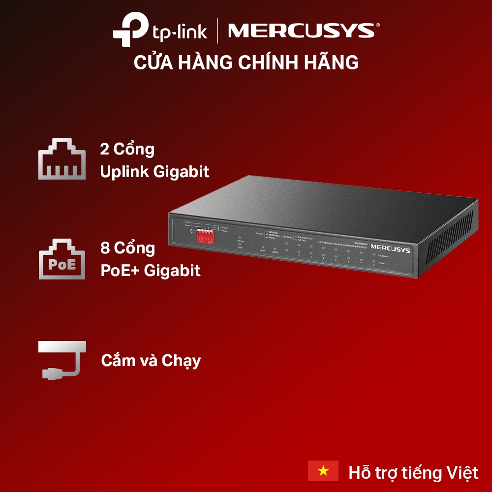 Bộ Chia Mạng Switch Để Bàn Mercusys MS110GMP 10 Cổng Gigabit, 8 PoE+, Truyền Xa Đến 250m