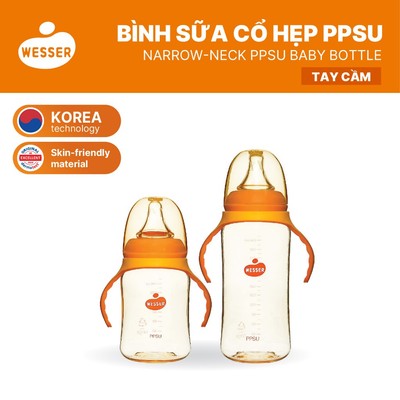 (MỚI) Bình sữa CỔ HẸP PPSU Wesser CÓ TAY CẦM 140ml/250ml (Màu vàng mật ong)