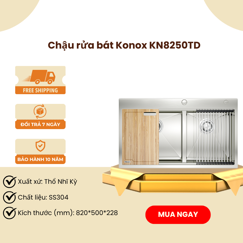 Chậu Rửa Bát Konox KN8250TD – Bề Mặt Xước Mờ - Chống Oxy Hóa - Chống Bám Dầu – PEB