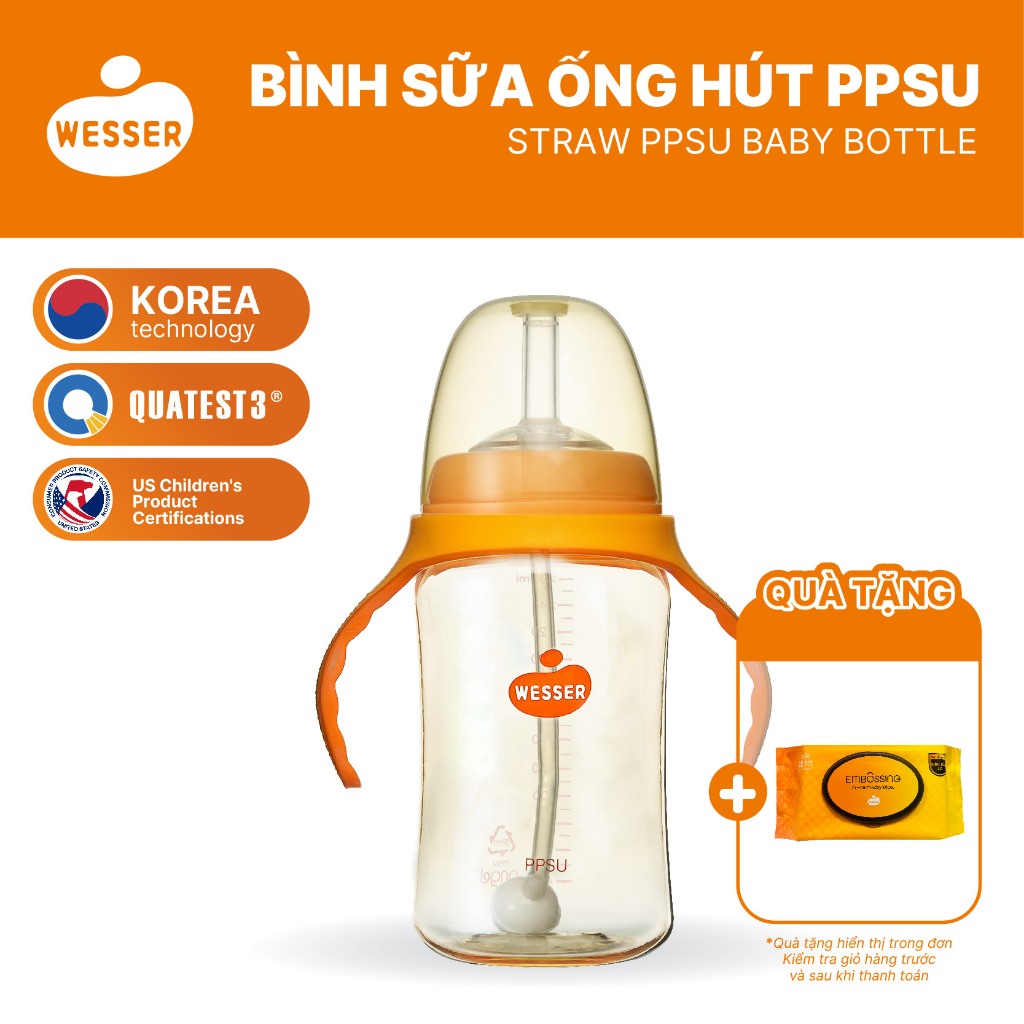 Bình ống hút PPSU Wesser 260ml (PPSU MÀU VÀNG MẬT ONG)