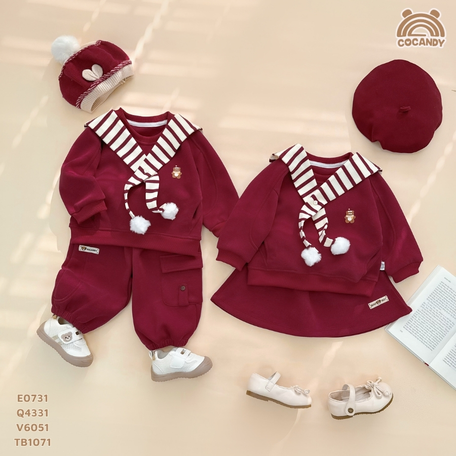 Set cho bé COCANDY -Áo dài nỉ ĐỎ phối ngực gấu và Quần dài ĐỎ phối 1 túi ốp sườn logo COCANDY E0731,