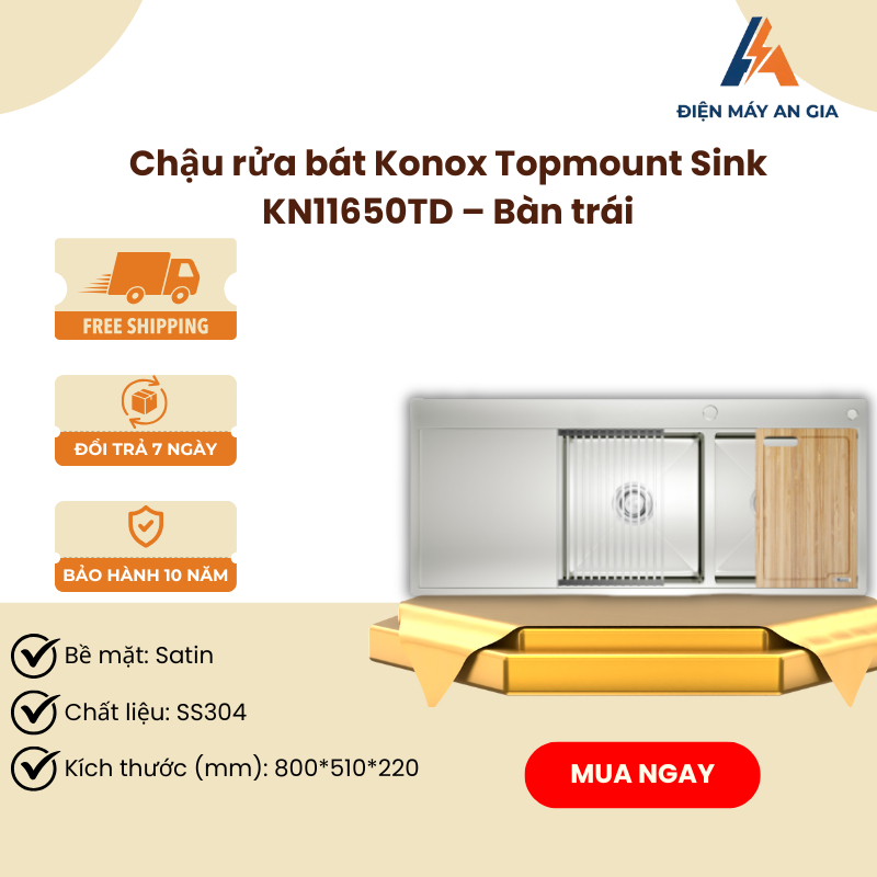 Chậu Rửa 2 Hố Có Bàn Chờ KN11650TD – Inox 304 Cao Cấp, Bề Mặt Sáng Bóng, Chống Oxy Hóa – PEB