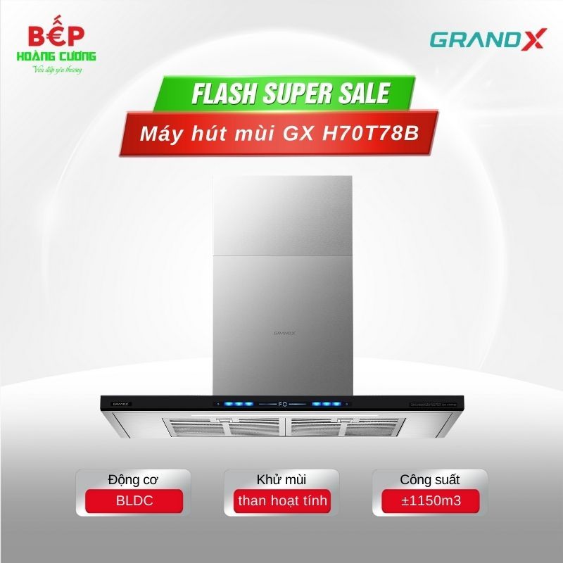 Máy hút mùi áp tường chữ T GrandX GX H70T78B - Công Suất Cao, Điều Khiển Cảm Ứng