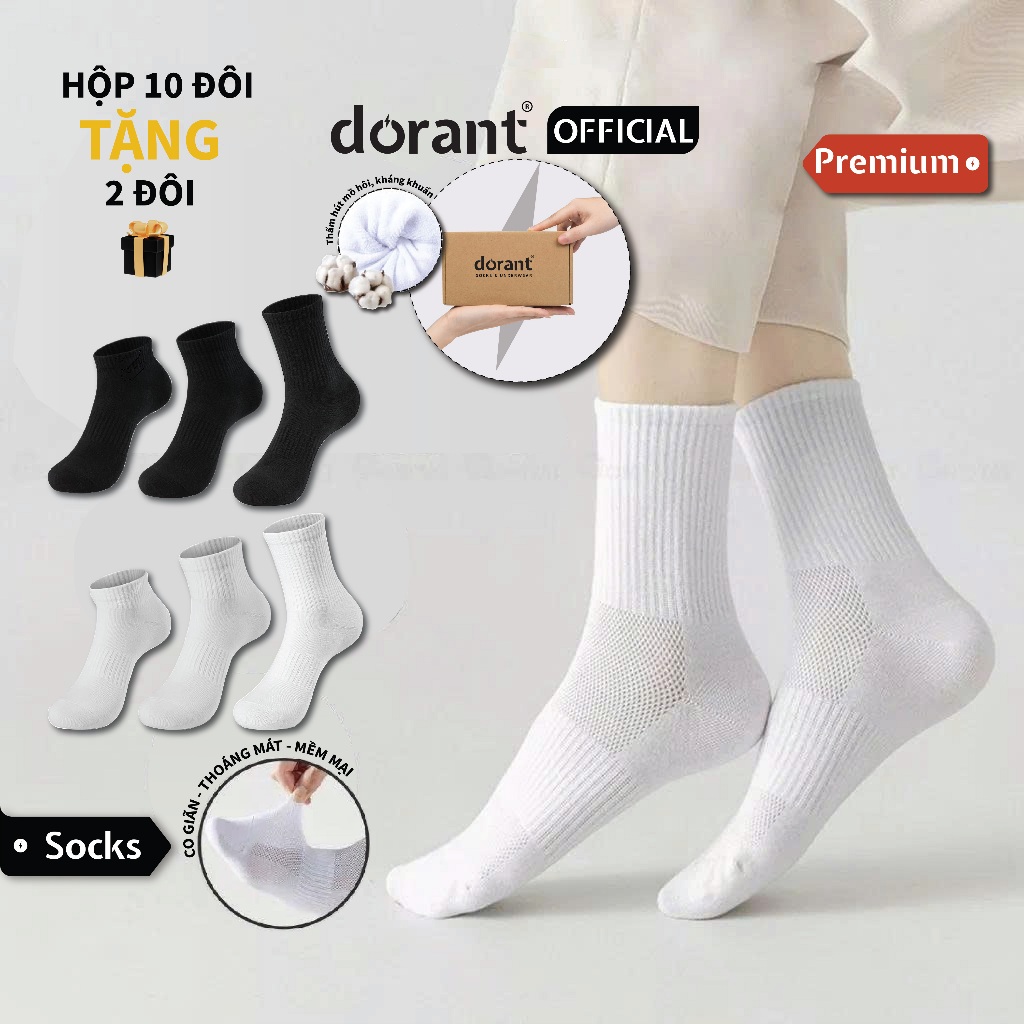 [Mua 10 tặng 2] Tất thể thao LOGO trắng đen thể thao, vớ nam nữ trơn cotton dệt kim, thấm hút mồ hôi ngăn mùi DORANT