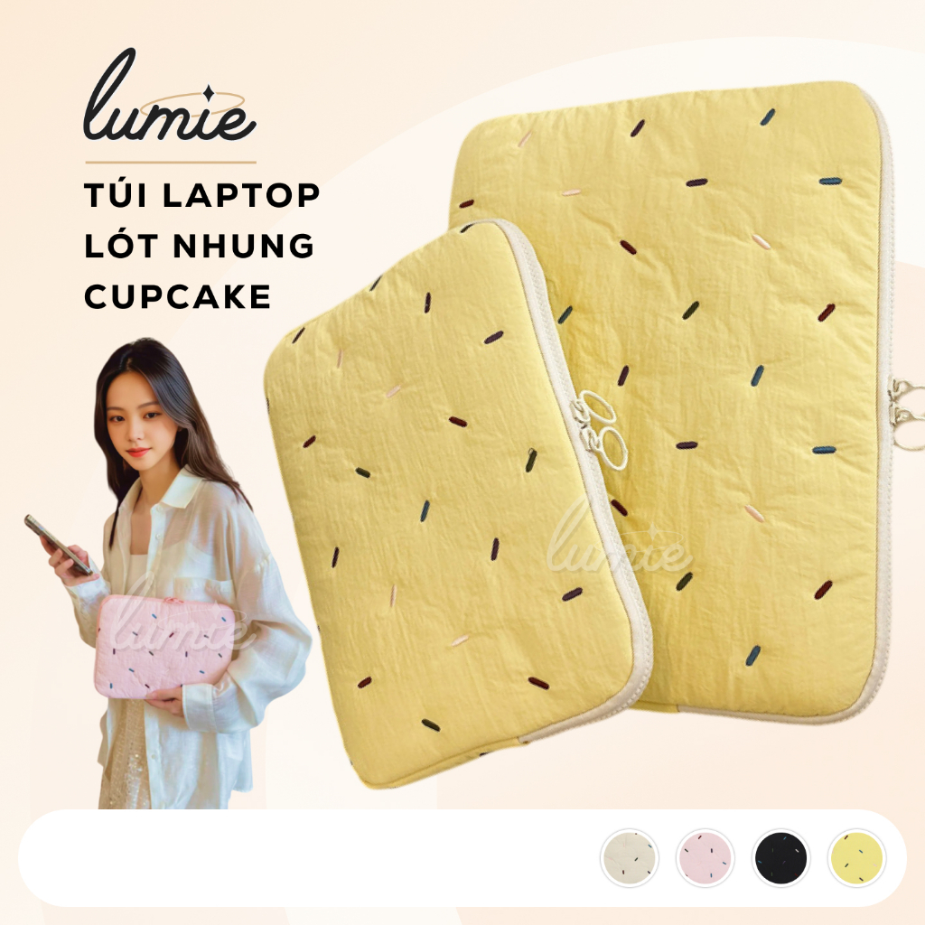 Túi Đựng Chống Sốc Laptop Máy Tính Bảng iPad 11/14 Inch Lót Nhung Chần Bông Cupcake Thêu Hạt Màu Mè