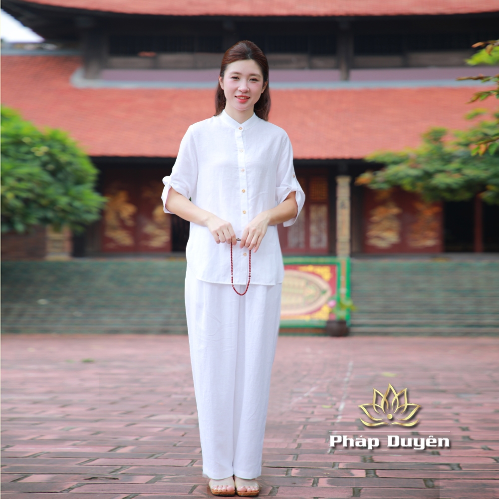 Bộ Quần Áo Đi Chùa Pháp Phục Nữ Vải Linen Cao Cấp Màu Trắng