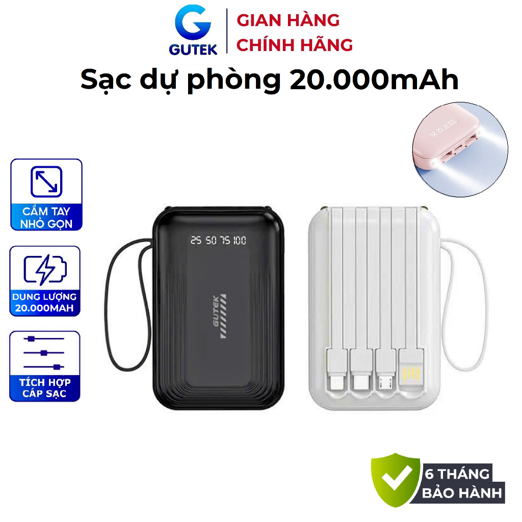 Pin Sạc dự phòng 20000mah nhỏ gọn có sẵn dây sạc cho điện thoại – Gutek GT18