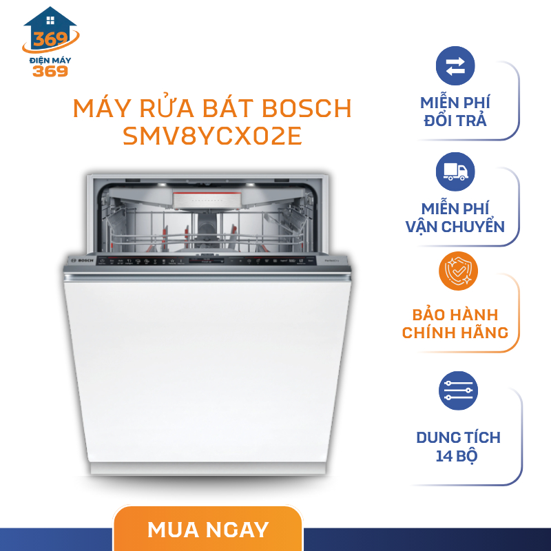 Máy Rửa Bát Âm Tủ Bosch SMV8YCX02E Series 8 - Công Suất 2400W - Dung Tích Chứa 14 Bộ Bát Dĩa - SMC