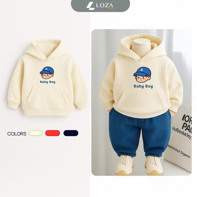 Áo nỉ hoodie bé trai in Baby boy - Áo nỉ mũ trẻ em size từ 15-40kg  Loza Kids HN3467