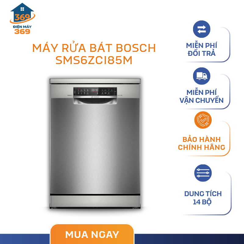 Máy Rửa Bát Độc Lập Bosch SMS6ZCI85M Seri 6 – 8 Chương Trình Rửa, Công Nghệ Hygiene Plus - SMC