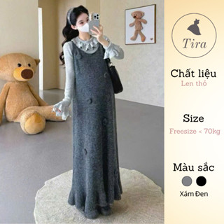  Set váy len bầu TIRA MAMA M485 Set váy len yếm thêu hoa phối áo giữ nhiệt cổ bèo tay xoè tiểu thư 