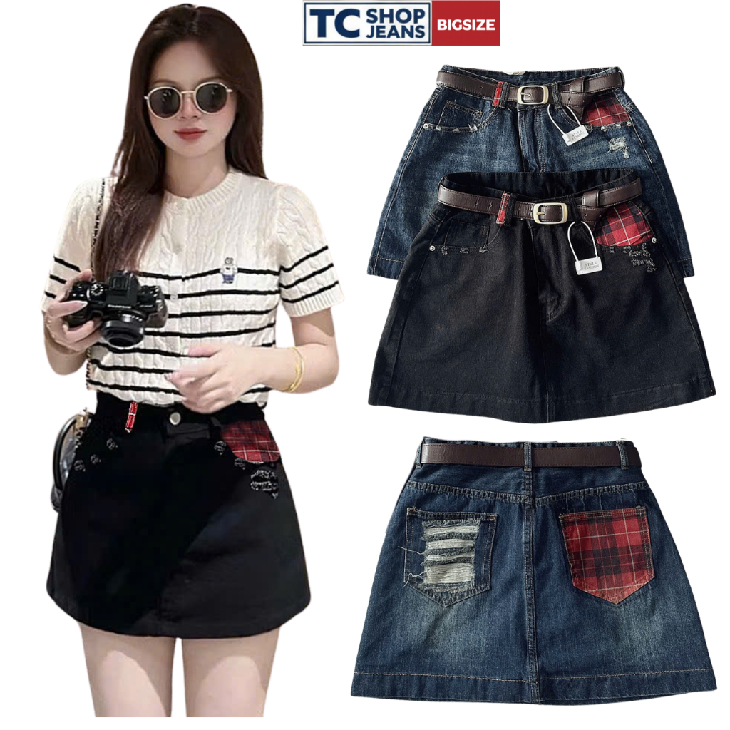 Chân váy jean nữ dáng a phối túi caro rách nhẹ cá tính TC SHOP JEANS bigsize 55-90kg  chất jean mềm 