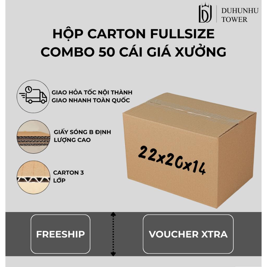 Combo 50 thùng carton 22x20x14 cao cấp giá xưởng, thùng carton ship cod giá rẻ