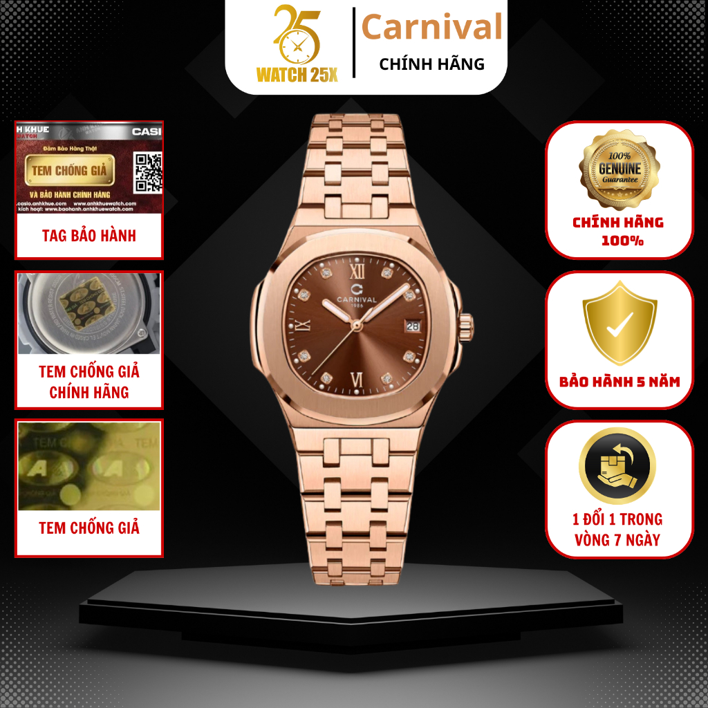 Đồng Hồ Nữ Carnival 8160L-VH-N Watch25x Máy Quartz Bền Bỉ Dây Thép Không Gỉ Màu Rose Gold Sang Trọng