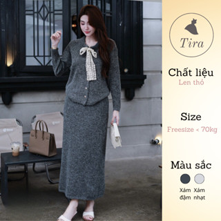  Set váy len bầu TIRA MAMA M455 Set áo len lông thỏ cổ nơ ren khuy tim phối chân váy dài 