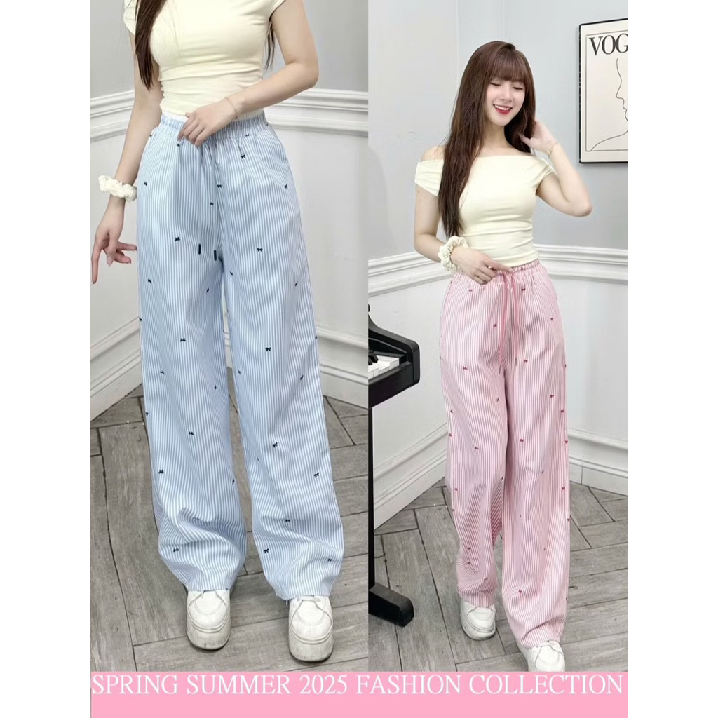 Quần kẻ sọc ống rộng hoạ tiết nơ nhí nữ có đủ size dáng rộng ống suông cạp chun co giãn | BigBuy360 - bigbuy360.vn
