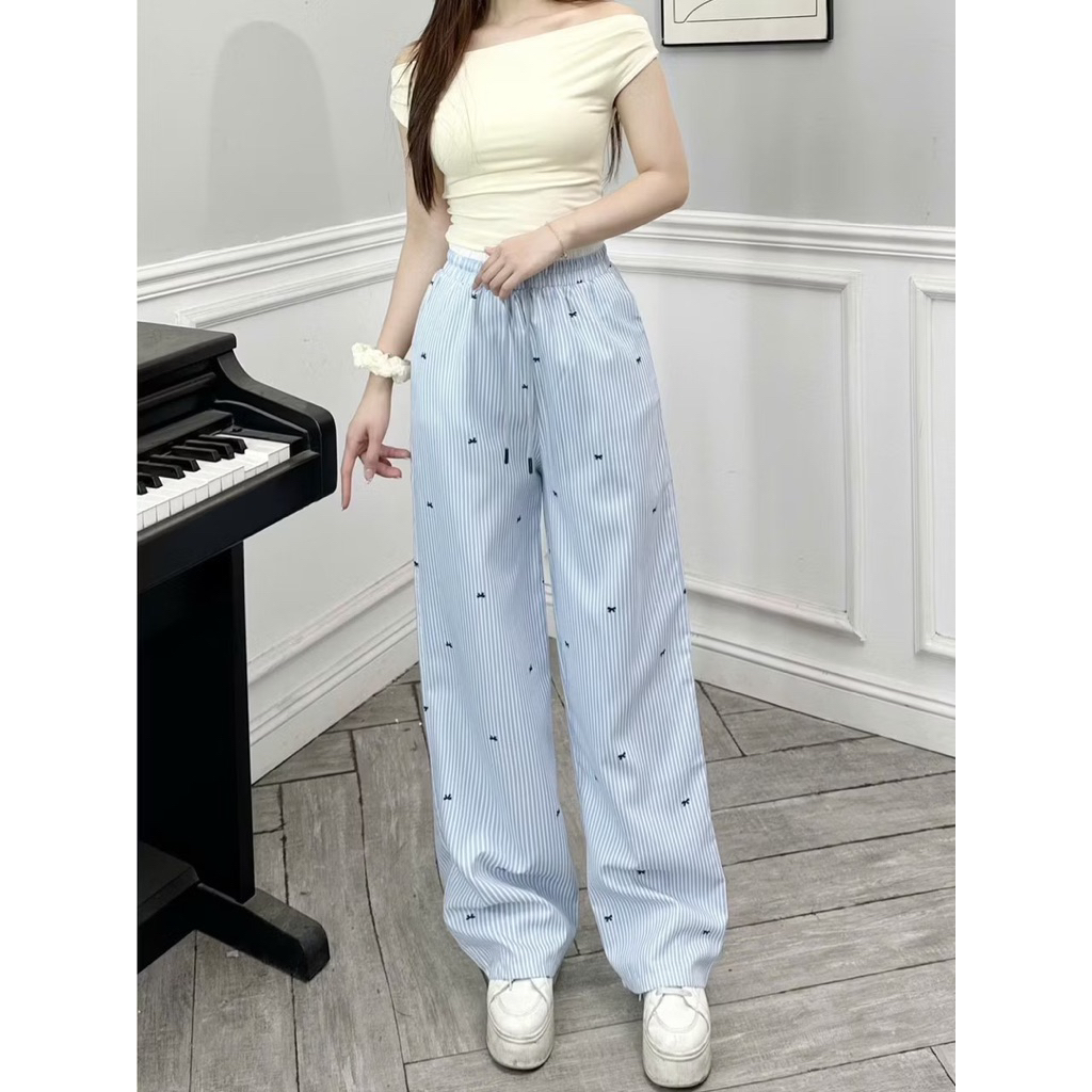 Quần kẻ sọc ống rộng hoạ tiết nơ nhí nữ có đủ size dáng rộng ống suông cạp chun co giãn