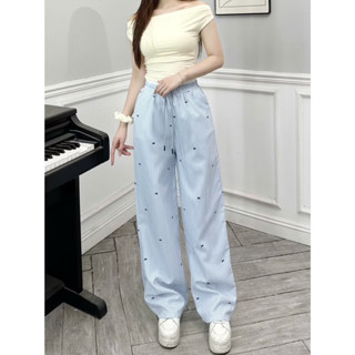 Quần kẻ sọc ống rộng hoạ tiết nơ nhí nữ có đủ size dáng rộng ống suông cạp chun co giãn