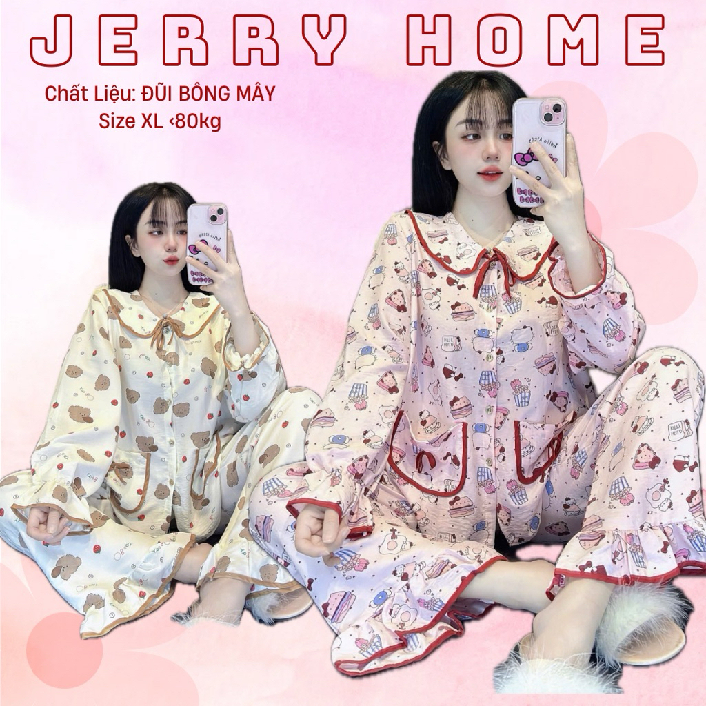 (Có Bigsize) Pijama Đồ Ngủ Nữ Tay Dài Quần Dài Cổ Bèo Chất Liệu Đũi Xốp Mềm Jerry Home