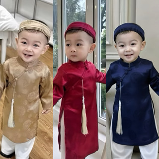  Set bộ áo dài Tết bé trai  Tặng mấn CS675 N626 Set áo dài cách tân quần lụa kèm mấn Set bộ ông đồ cho bé trai mặc tết 