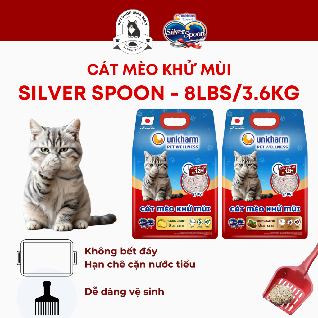 Cát Vệ Sinh Cho Mèo Silver Spoon Unicharm Nhật Bản 8L (3.6kg) - Khử Mùi Tốt Hương Chanh / Cà Phê