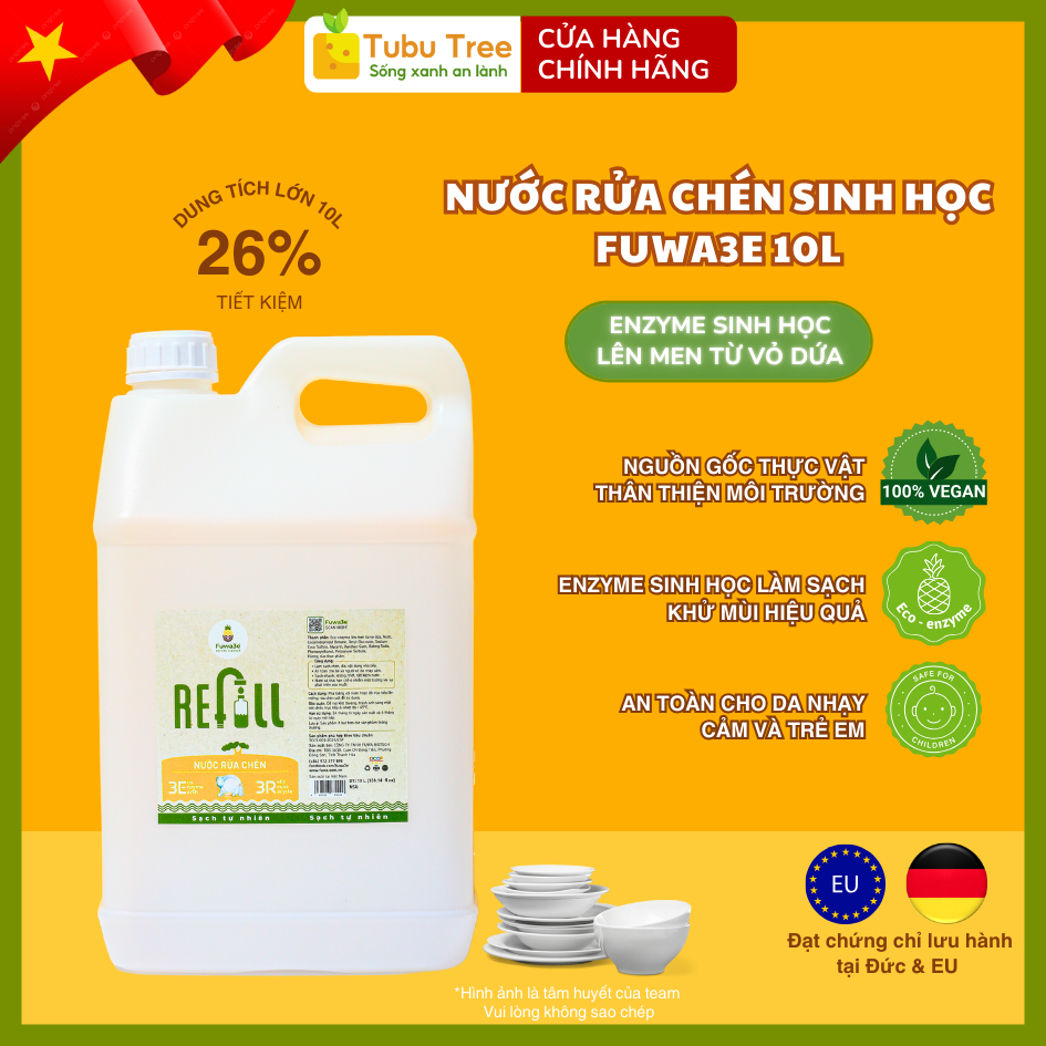 [Can 10L] Nước rửa chén ăn dặm cho bé Fuwa3e 10L - thành phần hữu cơ, sạch nhanh