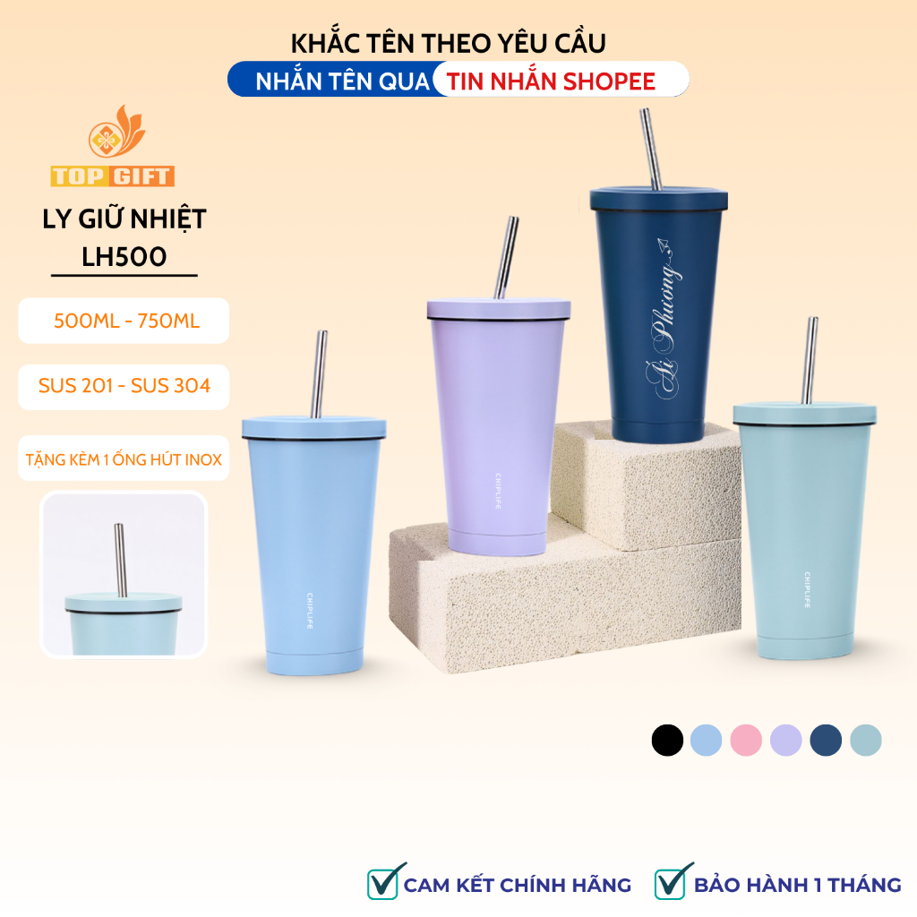 Ly giữ nhiệt khắc tên TopGifts LH500 giữ nhiệt 6-8 giờ tặng kèm ống hút và cọ rửa