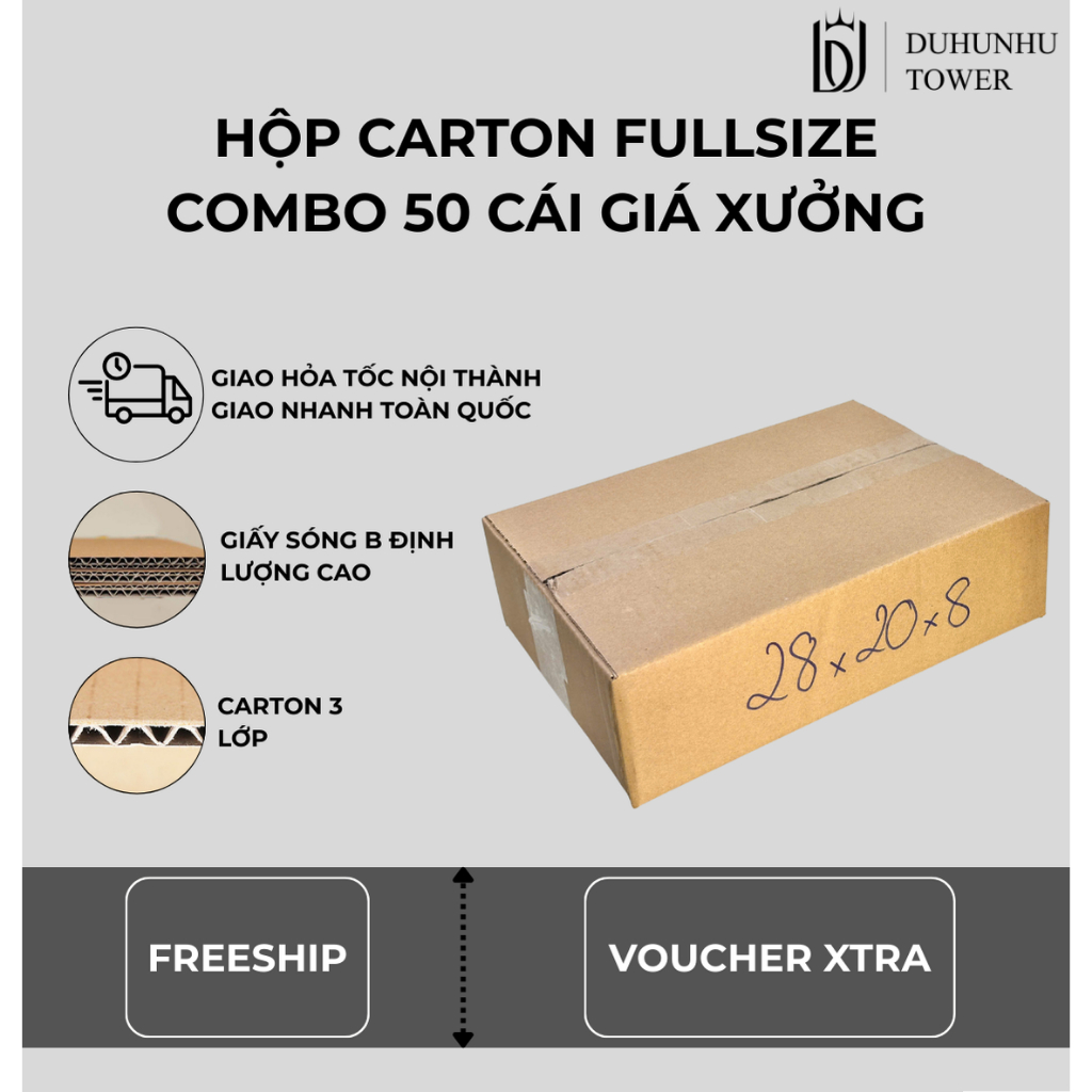Combo 50 thùng carton 28x20x8 cao cấp giá xưởng, thùng carton ship cod giá rẻ