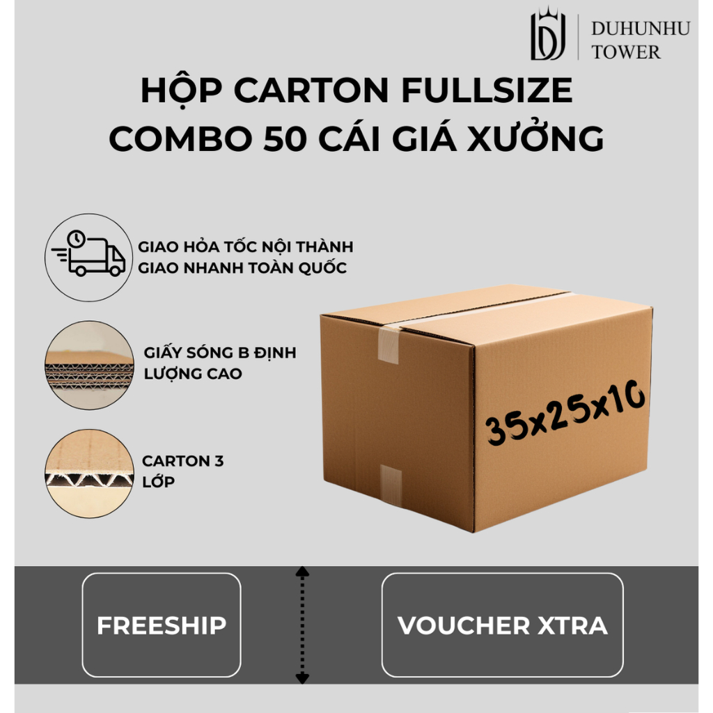 Combo 50 thùng carton 35x25x10 cao cấp giá xưởng, thùng carton ship cod giá rẻ