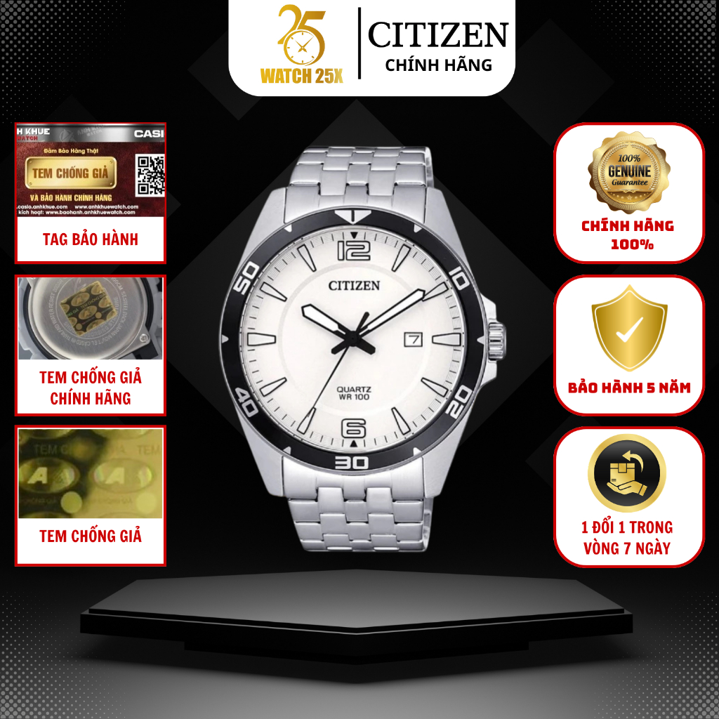 Đồng Hồ Nam Citizen BI5051-51A Watch25x - Dây Bạc Mặt Trắng Đen Thanh Lịch Hiện Đại