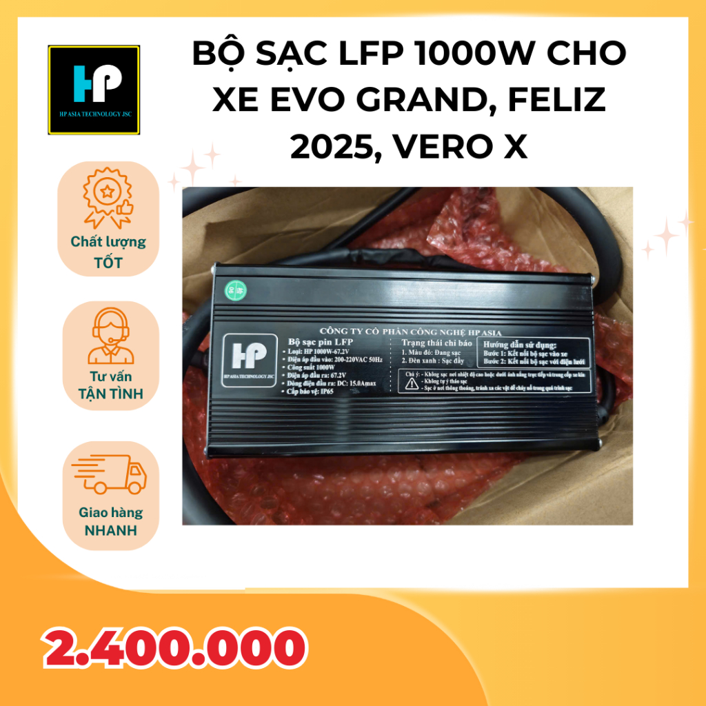 Bộ sạc LFP 1000W cho xe máy điện Evo Grand, Feliz 2025 và VeroX