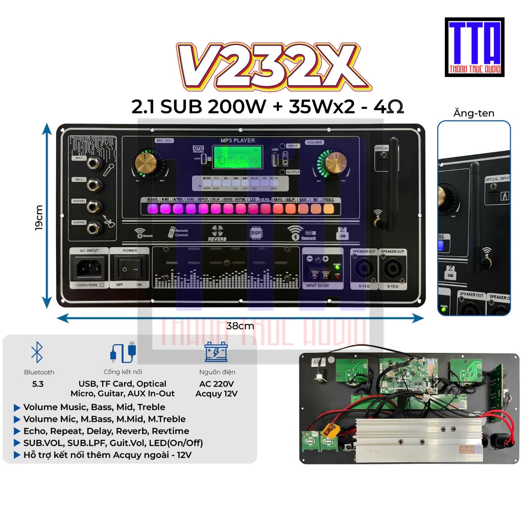 Bo mạch loa kéo 2.1 Reverb - Sub 200W + full 35W x 2 kênh - V232X - 19x38