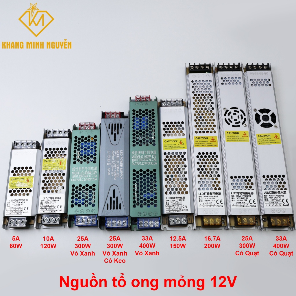 (Chỉ dùng cho LED) Nguồn tổ ong 12V mỏng - 60w|120w|150w|200w|300w|400w - 5A|10A|16.7A|25A|33A