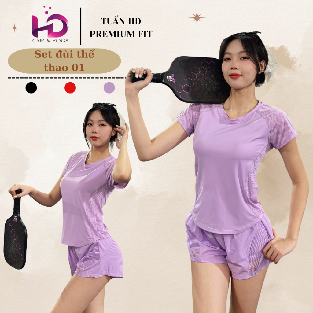[Mã HD01] Set Bộ Đồ Tập Gym Yoga Nữ - Áo Thun Phối Lưới Kèm Quần Đùi 2 Lớp Chơi Pickleball, Chạy Bộ