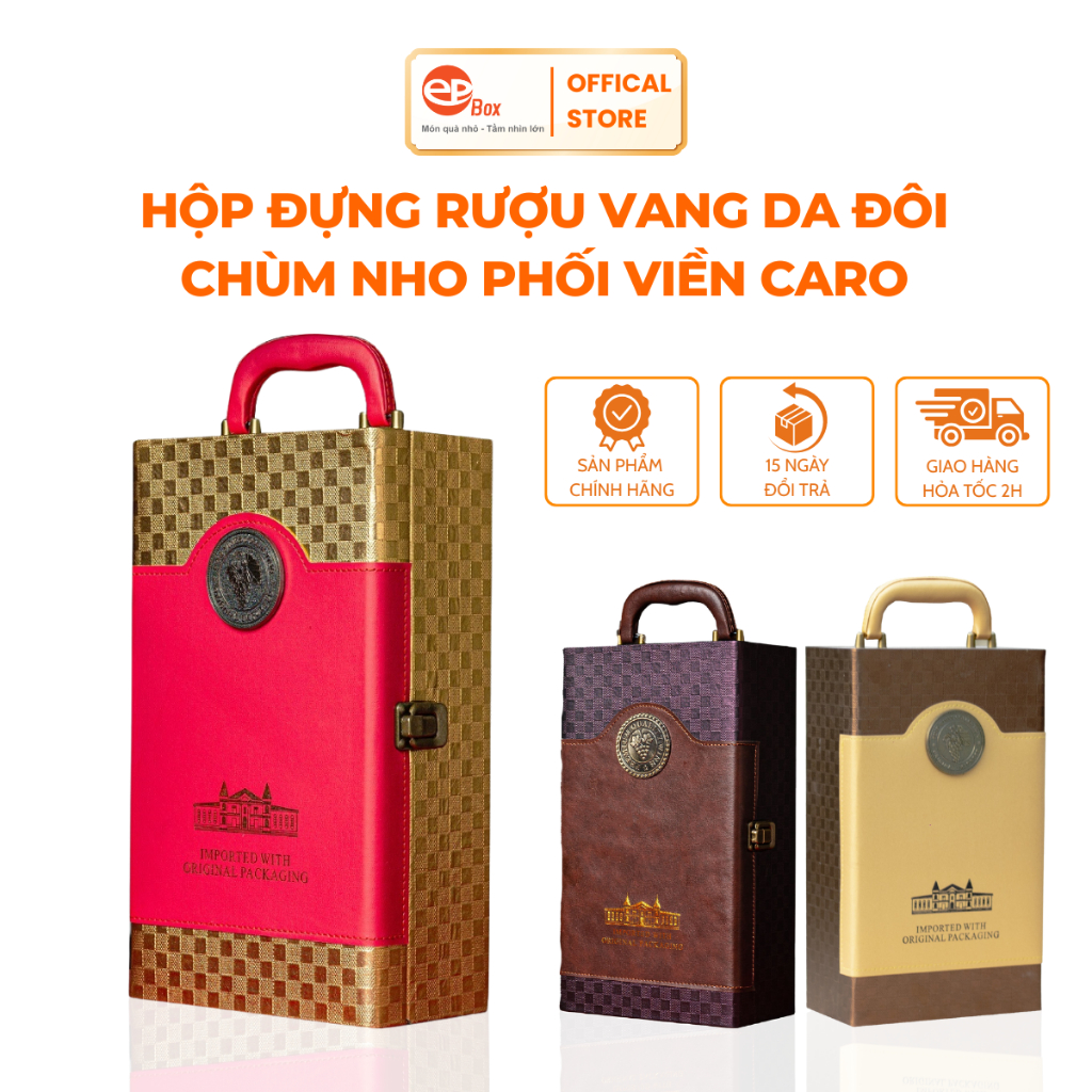 Hộp Đựng Rượu Vang Da Đôi Epvina Box Phối Caro Sang Trọng Kèm 4 Phụ Kiện