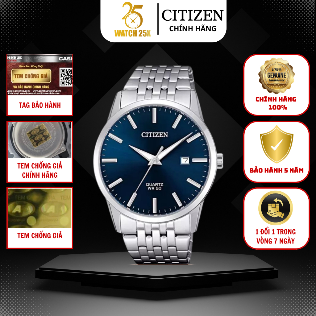 Đồng Hồ Nam Citizen BI5000-87L Watch25x Dây Bạc Mặt Kính Cứng Chống Nước WR50 - Mẫu Đơn Giản