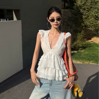 Áo nữ cổ V tay tiên phối tà xếp tầng viền ren SANJOLI Áo kiểu nữ dễ thương mặc hè đi chơi dễ phối đồ AO008 