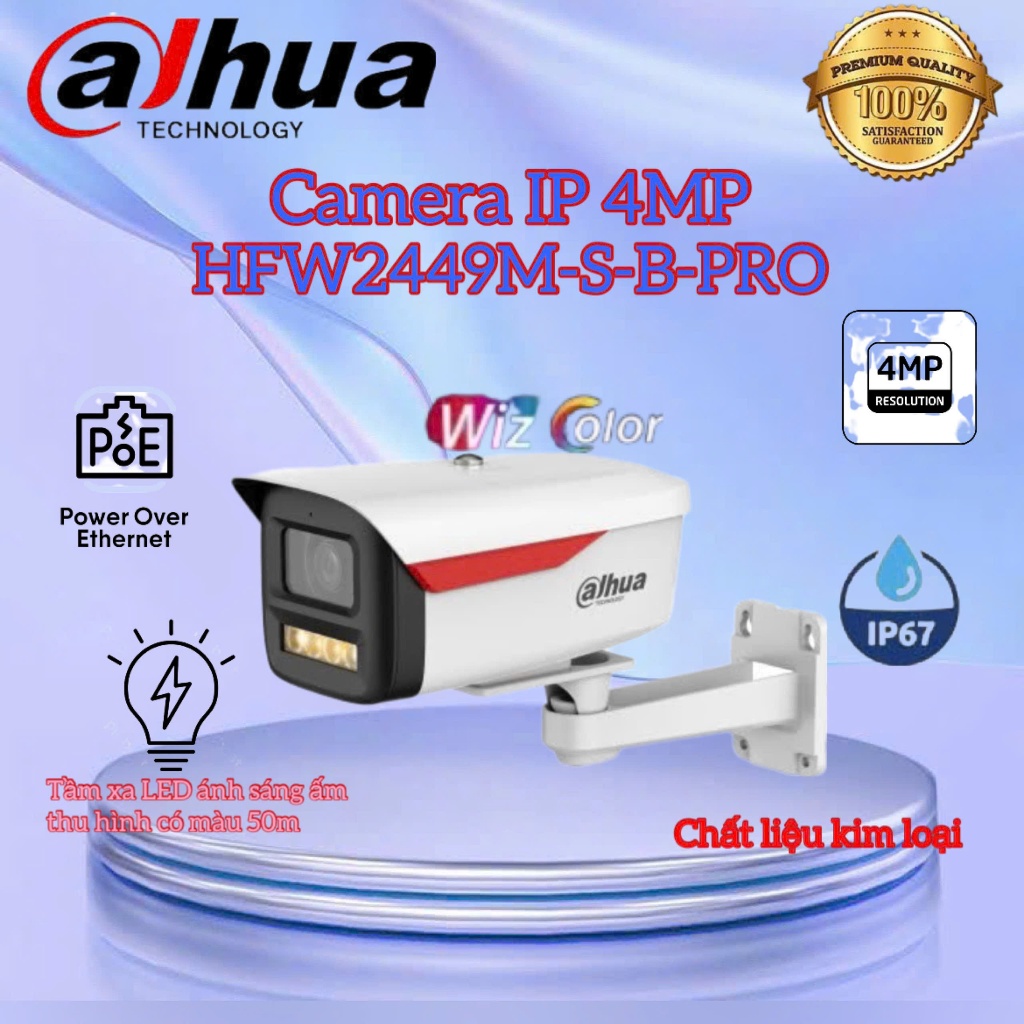 Camera IP 4MP WizColor DAHUA DH-IPC-HFW2449M-S-B-PRO, Tích hợp mic, Tầm xa LED trắng thu hình có màu