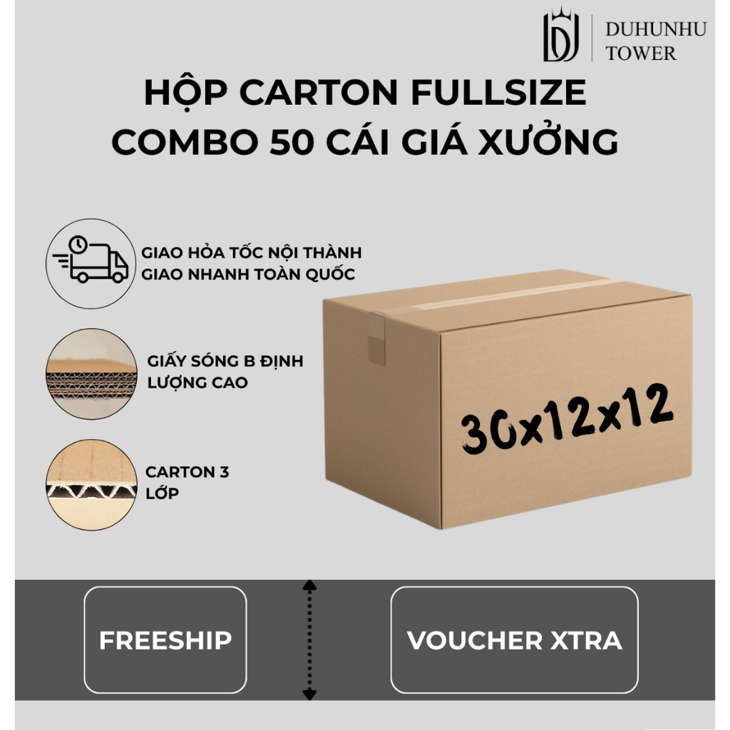 Combo 50 thùng carton 30x12x12 cao cấp giá xưởng, thùng carton ship cod giá rẻ