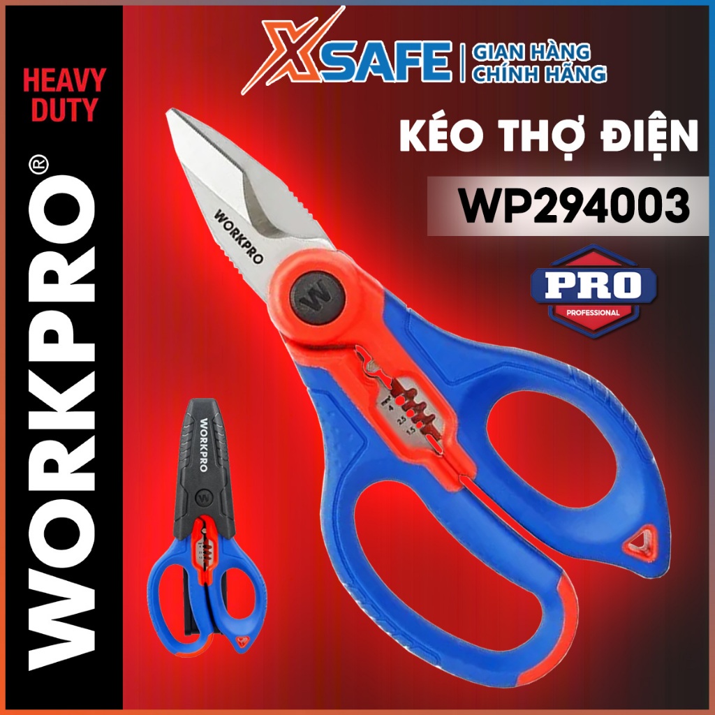 Kéo thợ điện WORKPRO WP294003 lưỡi cắt răng cưa sắc bén, cắt cáp dễ dàng, bấm cos, tuốt dây điện