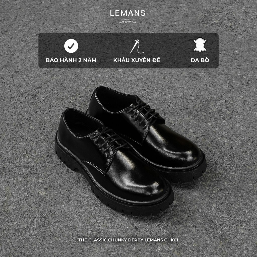 Giày Chunky Derby nam LEMANS màu Đen CHK01.1 , da bò - Cao 5cm khâu đế - Bảo hành 24 tháng