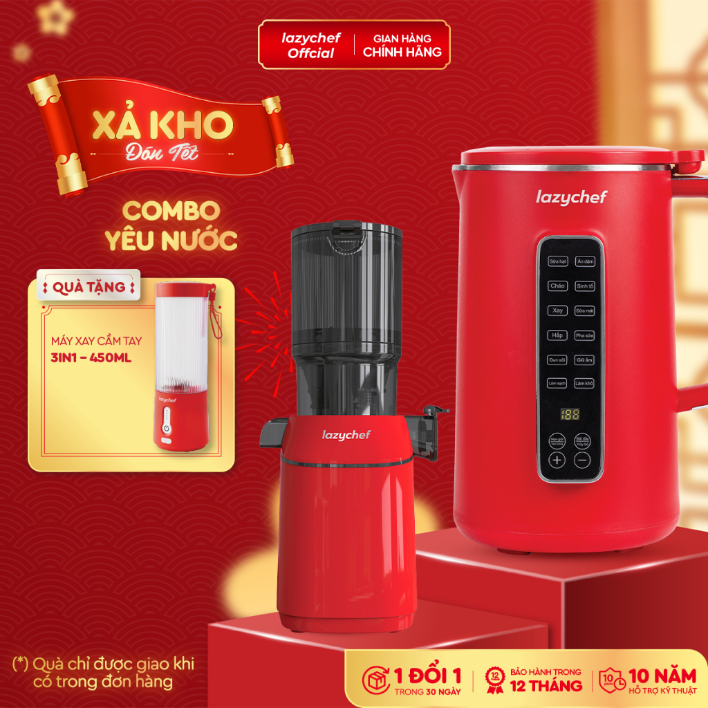 [Combo Yêu Nước] Máy Làm Sữa Hạt 12in1 1200ml Lazychef và Máy Ép Chậm Nguyên Quả 3S Lazychef