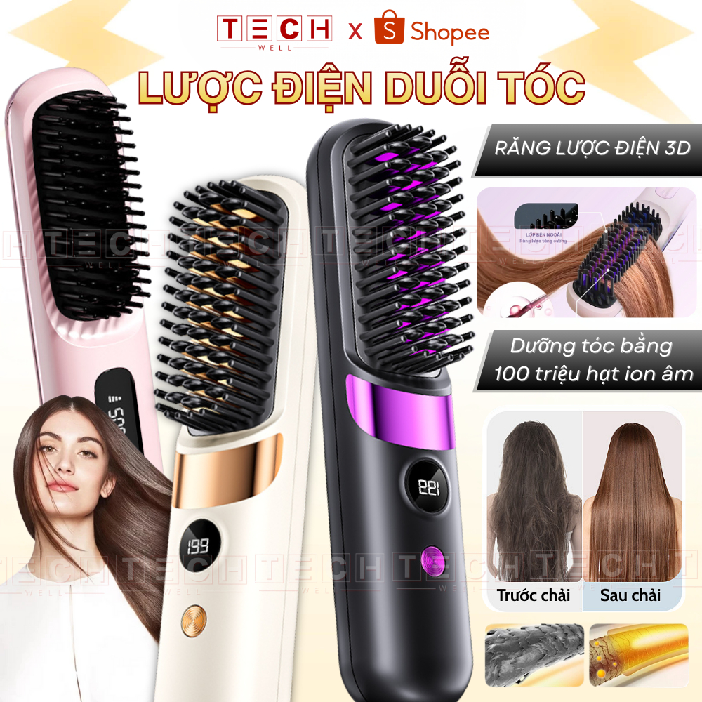 Lược Điện Chải Tóc Ion Âm, Lược Duỗi Tóc Không Dây, Suôn Mượt Tạo Kiểu Dễ Mang Theo Pin Sạc Tiện Lợi