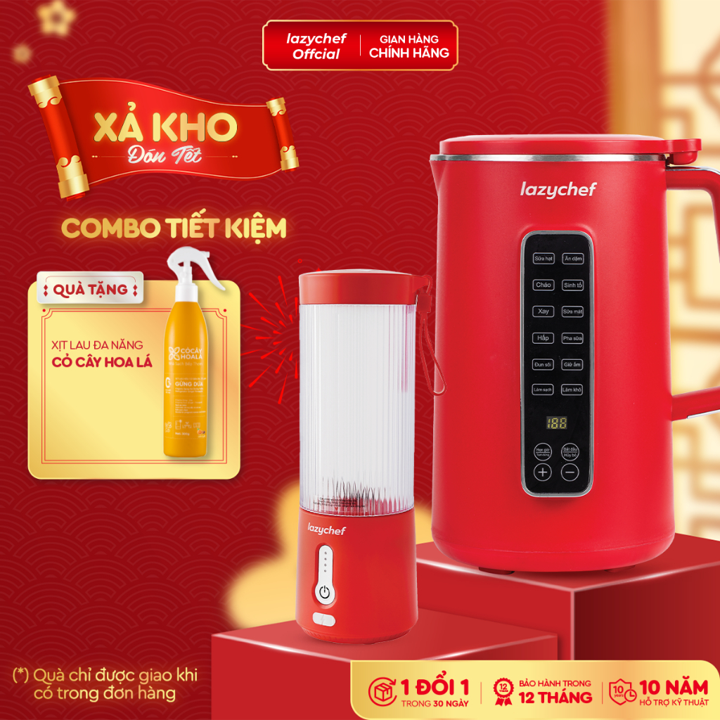 [Combo tiết kiệm] Máy Làm Sữa Hạt Lazychef 12in1 và Máy Xay Sinh Tố Cầm Tay Lazychef 3in1 450ml