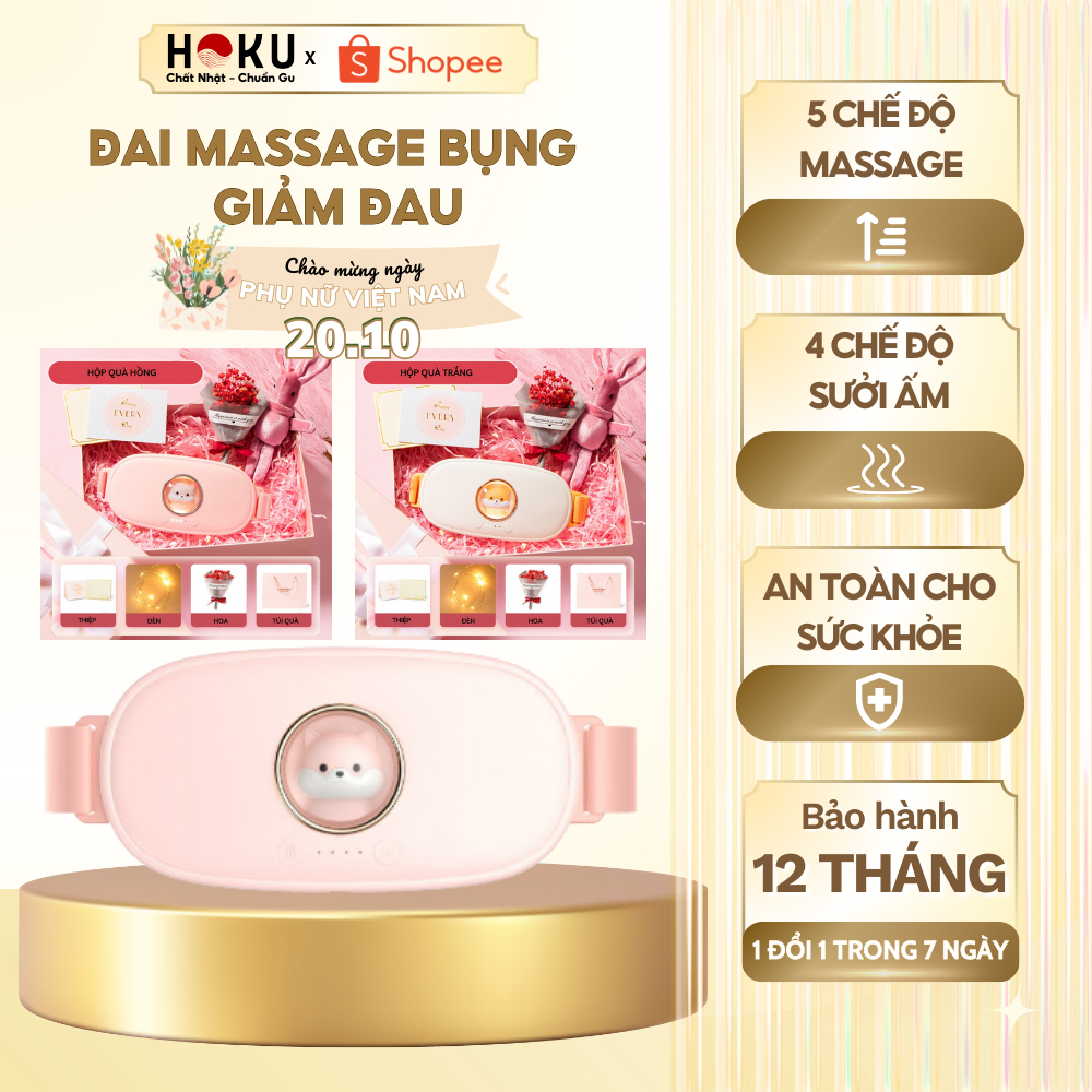 Đai Massage HOKU Chườm Ấm Giảm Đau Bụng Kinh Nguyệt, Túi Chườm Ấm Tử Cung, Quà Tặng Bạn Nữ DSB01
