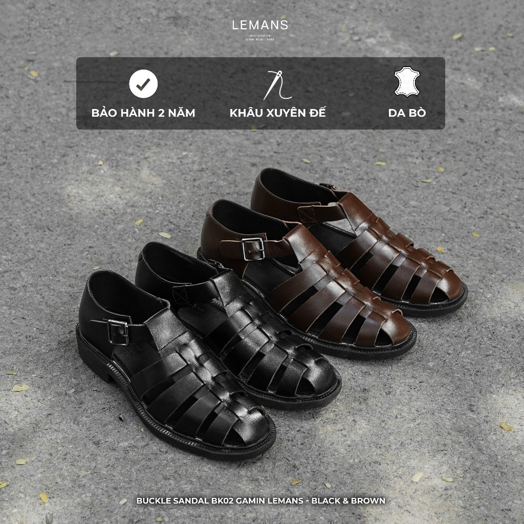 Dép rọ nam da bò Buckle Sandal Lemans - Đen&Nâu BK02.1 - đế Mckay cao 2.2cm - bảo hành 24 tháng