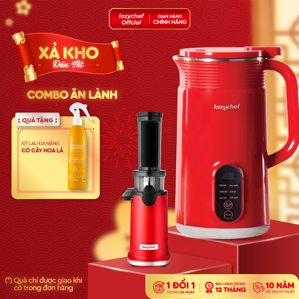 [Combo Ăn Lành] Máy làm sữa hạt 5in1 nắp inox Lazychef và máy ép chậm mini 3S Lazychef
