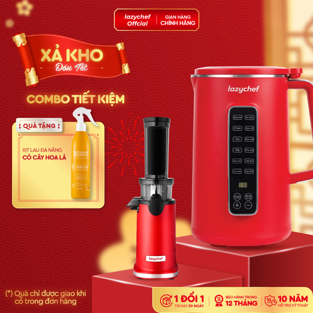 [Combo tiết kiệm] Máy Làm Sữa Hạt 12in1 Lazychef và Máy Ép Chậm Mini Lazychef - Hàng Chính Hãng